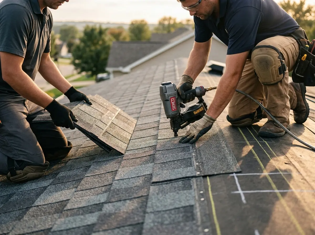 Professional roofer working on a residential roof in Ken Caryl
